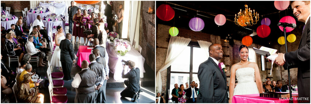 A Maryland wedding photographer captures a bride and groom standing in front of colorful paper lanterns.