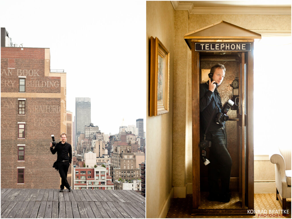 Konrad Brattke standing in front of a telephone booth and on a rooftop during a wedding he photographed.