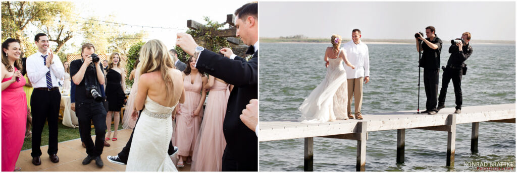 A Maryland wedding photographer captured a heartfelt moment of a bride and groom standing on a dock with their wedding party.