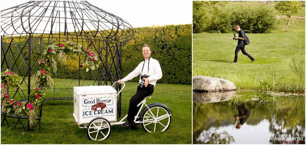 A photo of Maryland wedding photographer riding a bicycle in front of a gazebo.