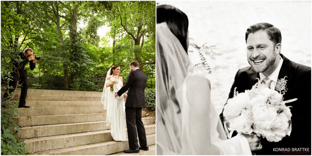 Maryland wedding photographer captures timeless black and white photos of a bride and groom on steps.