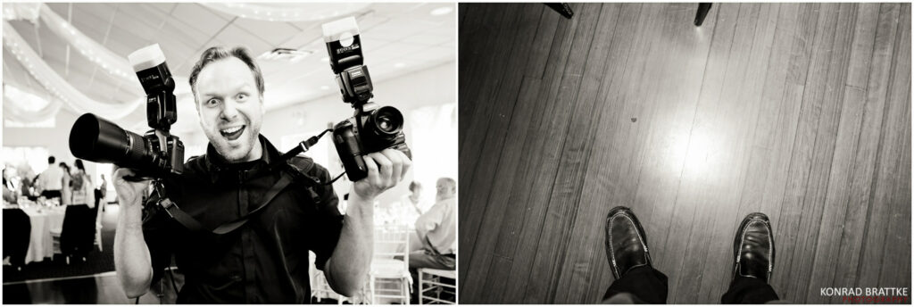 A Maryland wedding photographer captured two black and white photos of himslef expertly holding a camera.