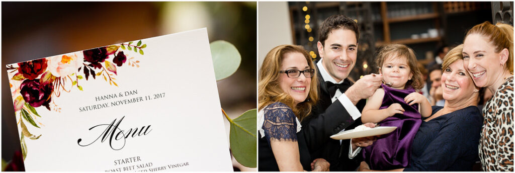 A photo of a family holding a wedding menu.