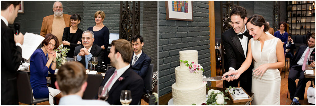 A bride and groom cutting their wedding cake.