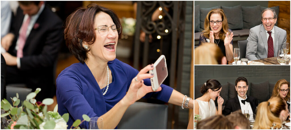 A collage of pictures of people laughing at a wedding reception.