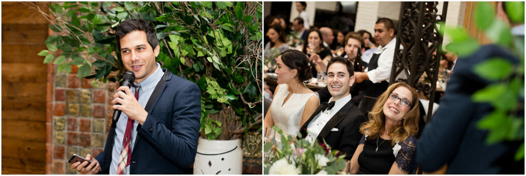 A man is giving a speech at a wedding.