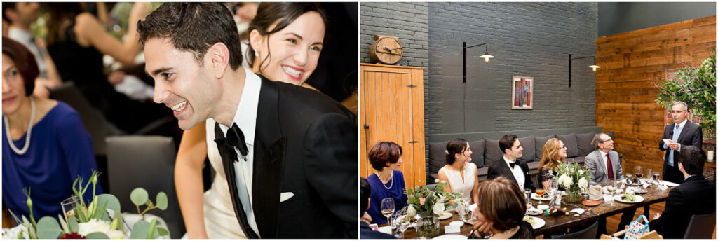 A group of people are sitting at a table at a wedding reception.