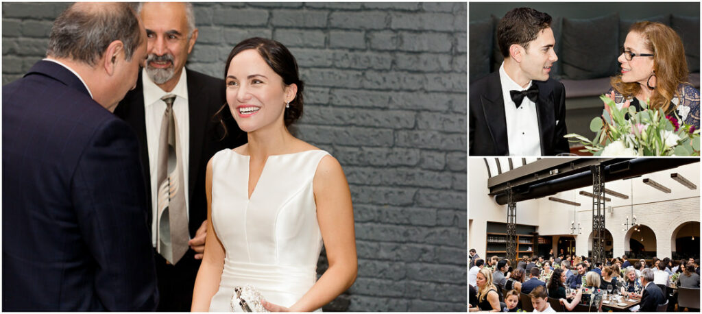 A collage of pictures of people at a wedding.