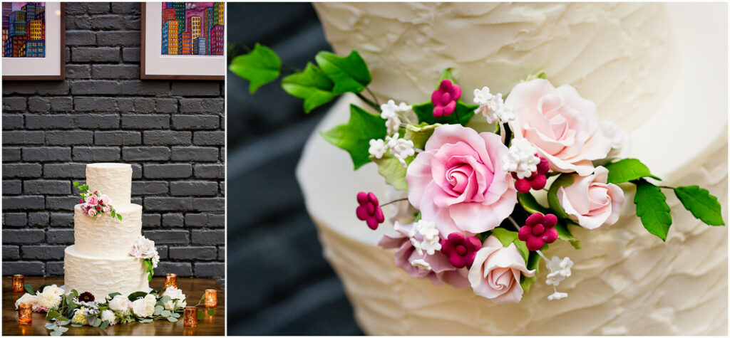 Two pictures of a wedding cake with flowers on it.