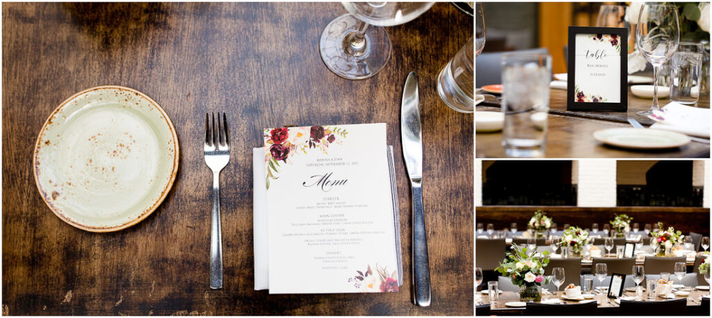 A table setting with plates and silverware on a wooden table.