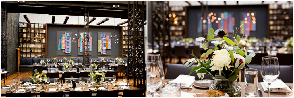 Two pictures of a wedding reception in a restaurant.