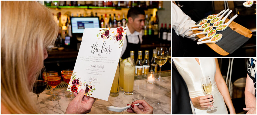 A collage of photos of a wedding reception at a bar.