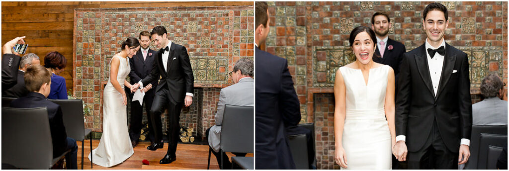 Two pictures of a bride and groom at their wedding ceremony.