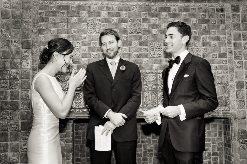 A bride and groom during their wedding ceremony.