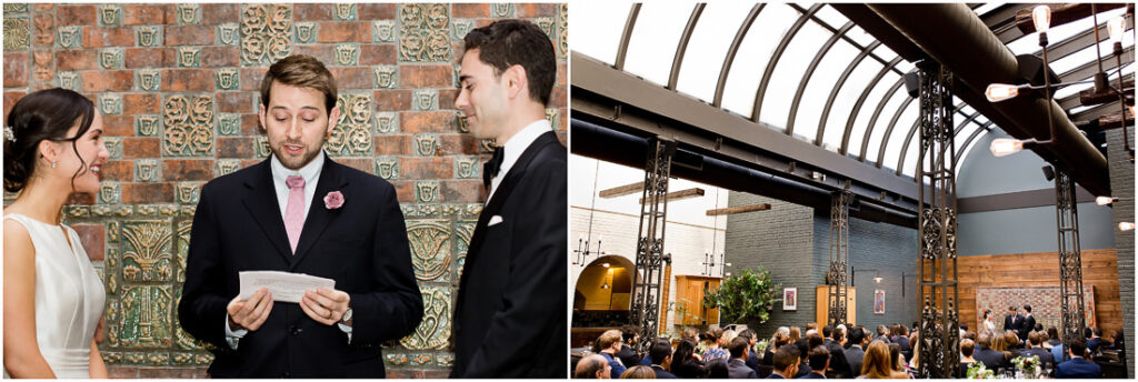 Two pictures of a wedding ceremony at an indoor venue.