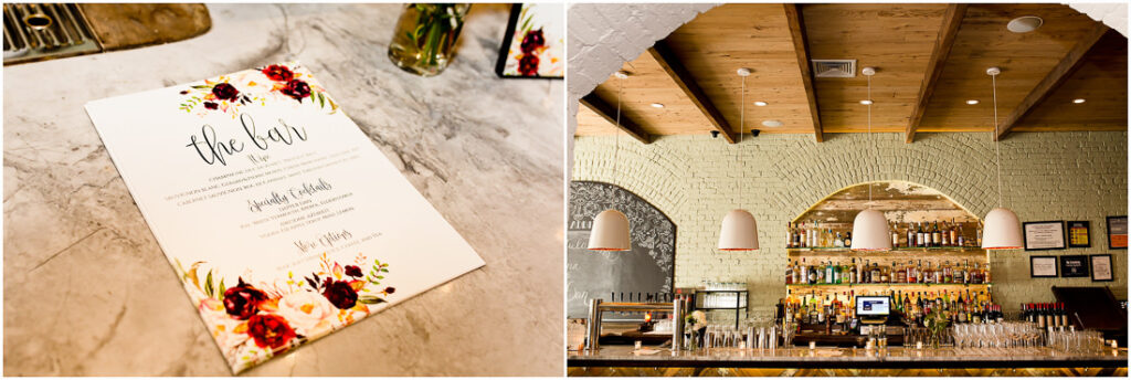 Two pictures of a bar and a menu at The Milling Room.