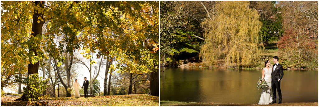 Two pictures of a bride and groom standing by a pond in central park.