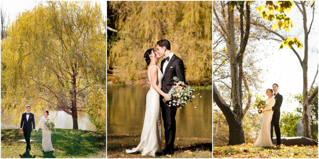 Four pictures of a bride and groom in front of a willow tree.