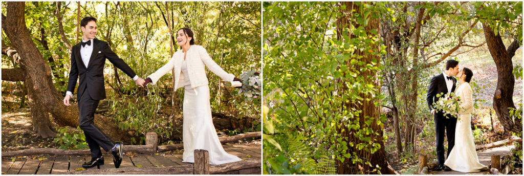 Two pictures of a bride and groom in central park in the fall.