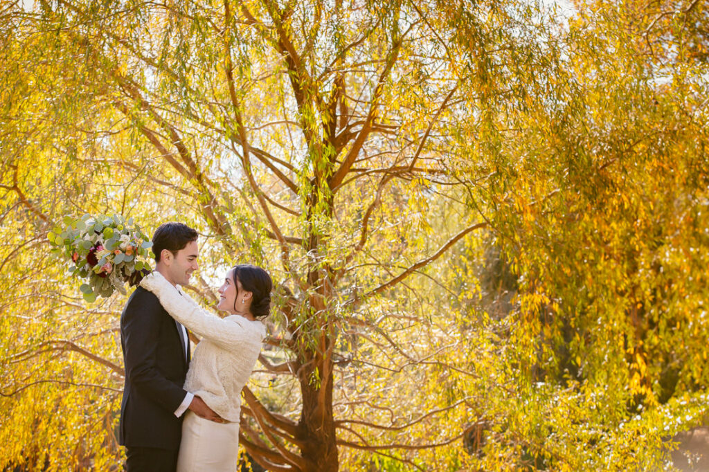 A bride and groom embracing in front of a willow tree in New York Central park.