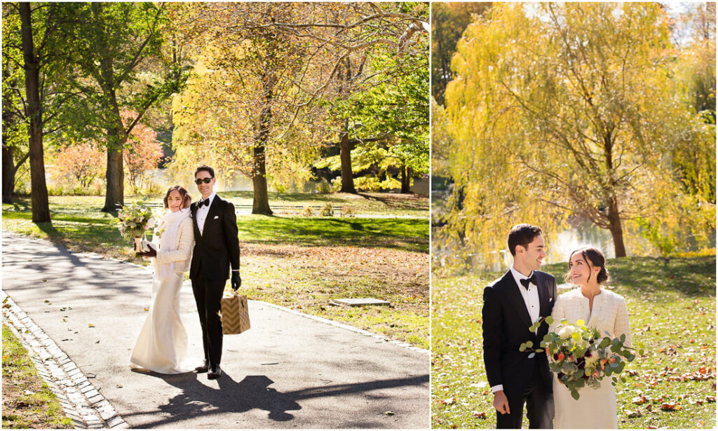 A bride and groom walking down a path in central park.