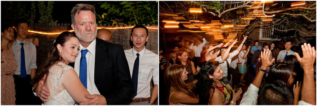 A bride and groom dancing at a wedding reception held at Bacchus Bistro.