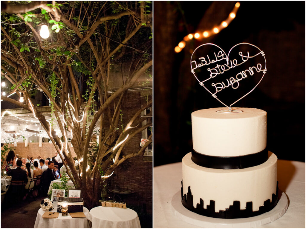 Bacchus Bistro presents a stunning black and white wedding cake, elegantly showcased against the backdrop of a majestic tree.