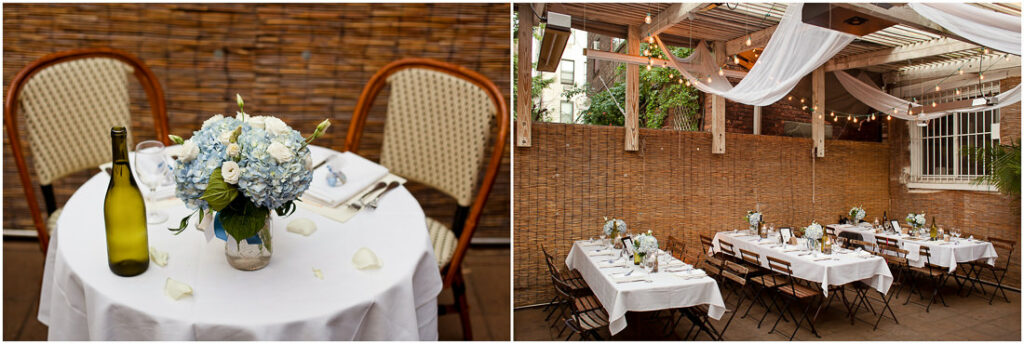 Two pictures of a table set up for a wedding reception at Bacchus Bistro.