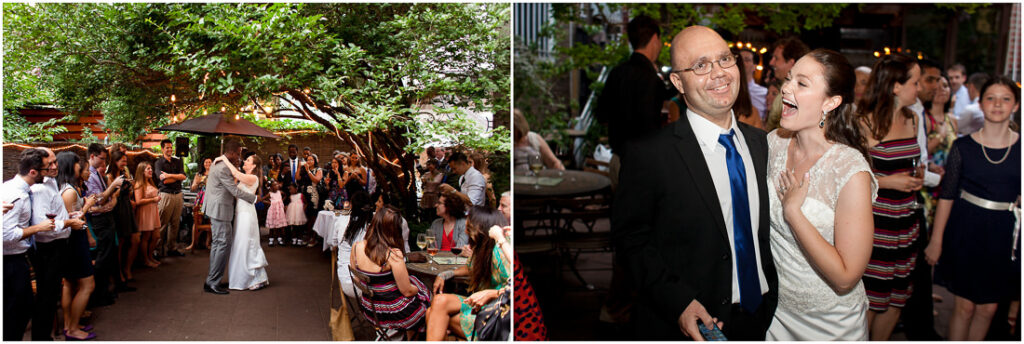 A bride and groom kiss in front of a crowd of people at Bacchus Bistro.