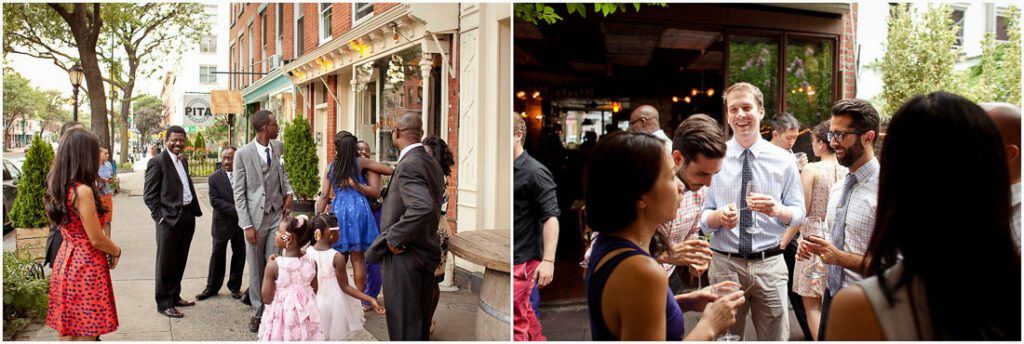 A group of people are standing on a sidewalk in front of Bacchus Bistro restaurant.