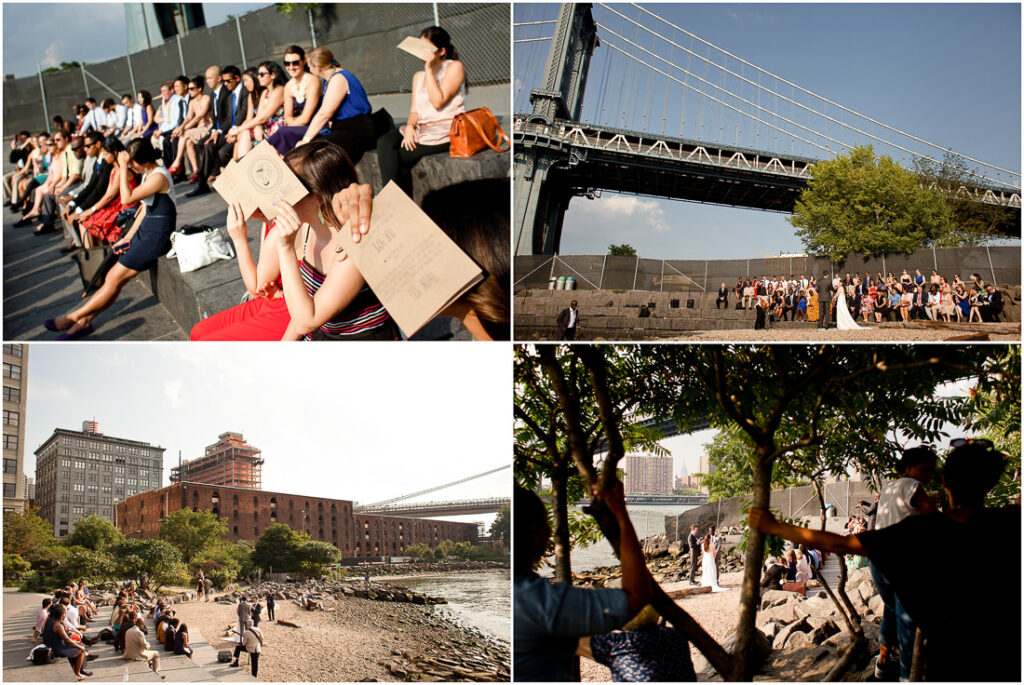 A group of people are sitting on a bench in front the Manhattan bridge taking in the wedding ceremony.