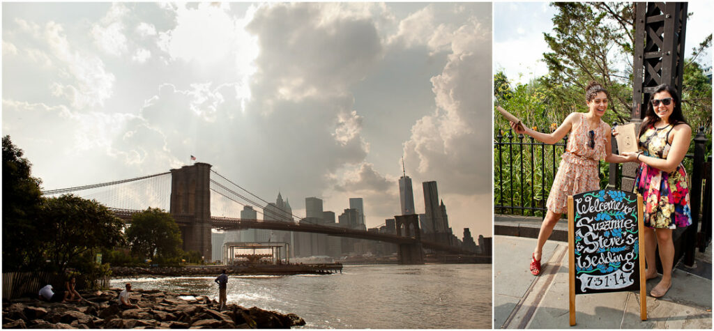 Two pictures of a woman posing in front of the Brooklyn Bridge.