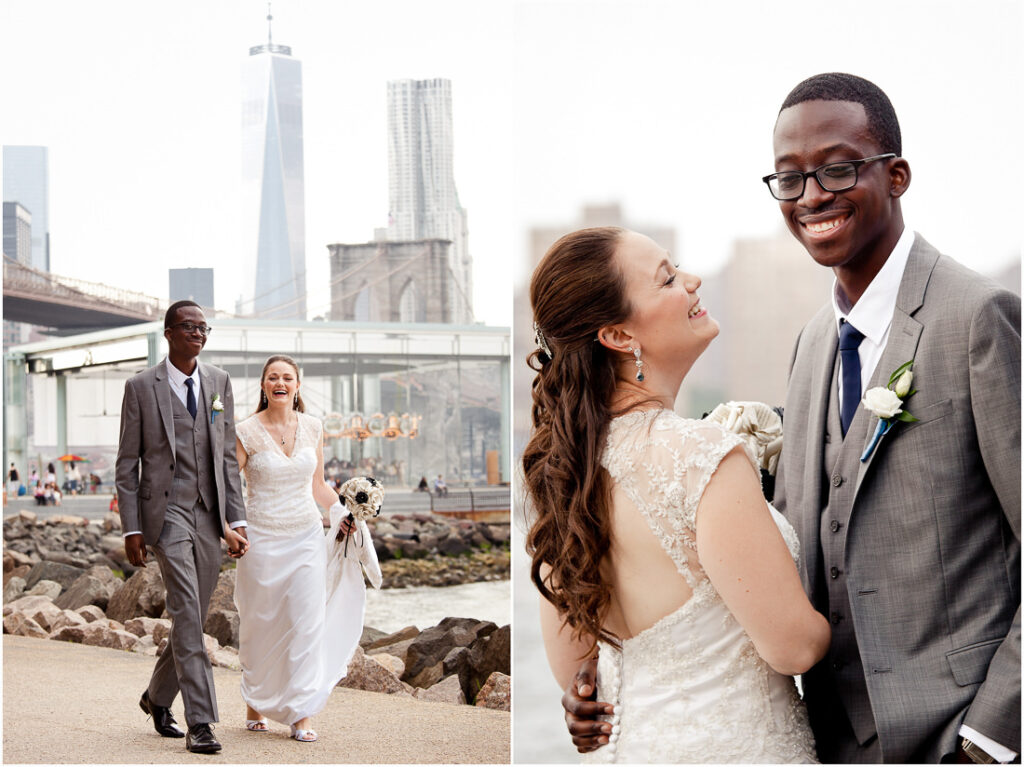 Two pictures of a bride and groom in front of the Brooklyn Bridge.