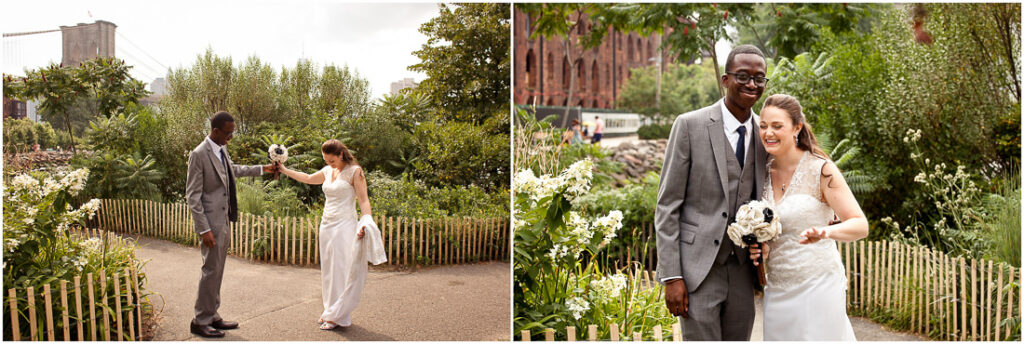 Two pictures of a bride and groom in a garden in Dumbo.