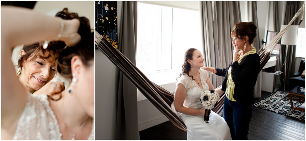 A bride getting ready in a hotel room in Brooklyn.