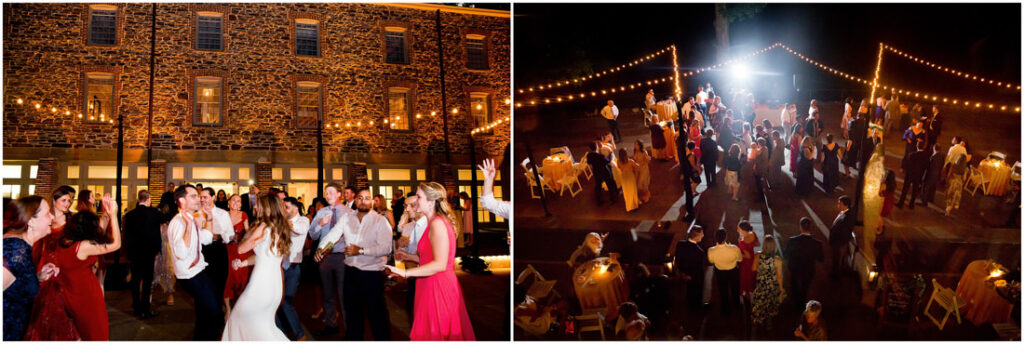 Two pictures of a wedding reception at the New York Botanical Garden at night.