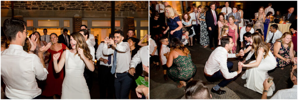 A group of people dancing at a wedding reception held at the New York Botanical Garden.