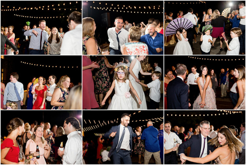 A collage of photos of people dancing at a wedding reception at the New York Botanical Garden.