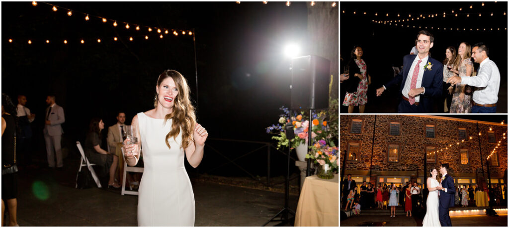 A newlywed couple dancing at their wedding reception held in the picturesque New York Botanical Garden.