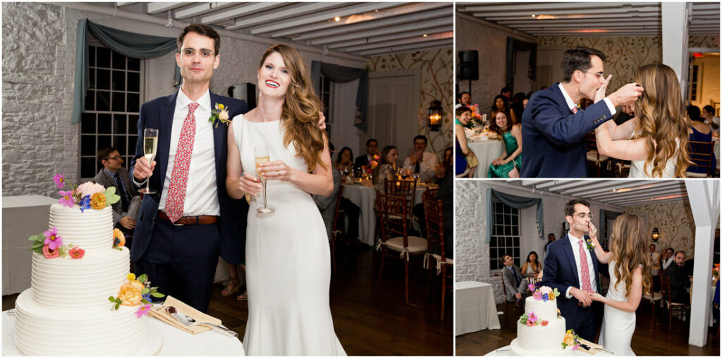 A bride and groom cutting their wedding cake at the New York Botanical Garden.