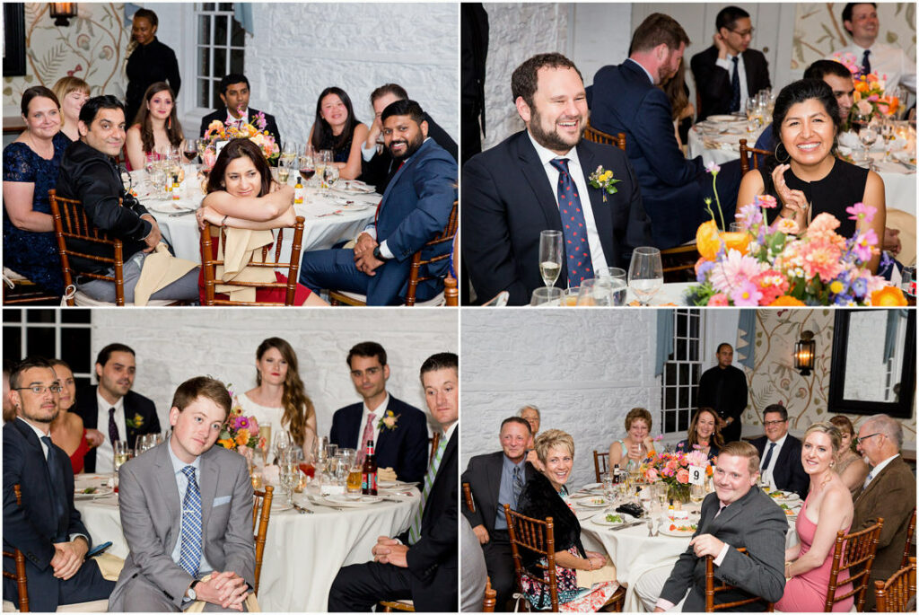 A collage of pictures of people at a wedding reception held at the New York Botanical Garden.