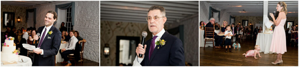 A man is giving a speech at a wedding reception held in the New York Botanical Garden.