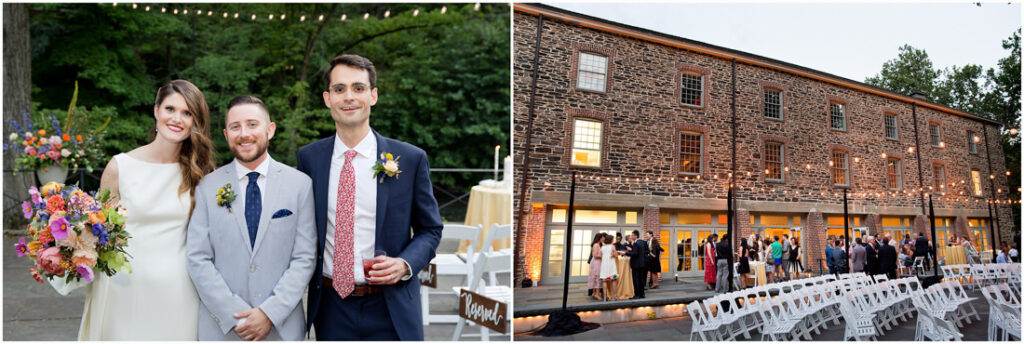 Two pictures of a wedding party outside of the New York Botanical Garden building.