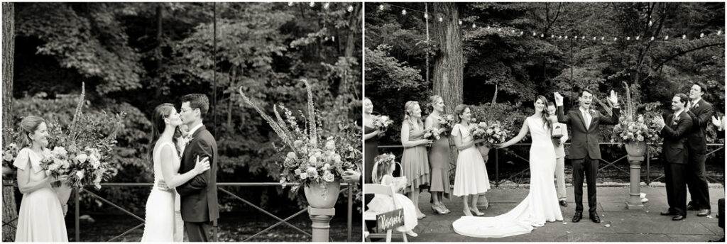 Two black and white photos of a wedding ceremony taking place at the New York Botanical Garden.