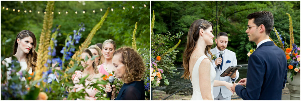 A bride and groom exchange vows in the New York Botanical Garden.