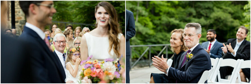 A bride and groom clapping during their wedding ceremony at the New York Botanical Garden.