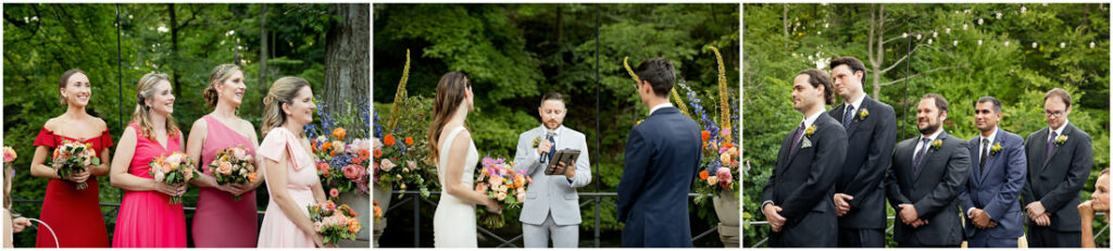 A group of bridesmaids and groomsmen pose for a photo at the New York Botanical Garden.