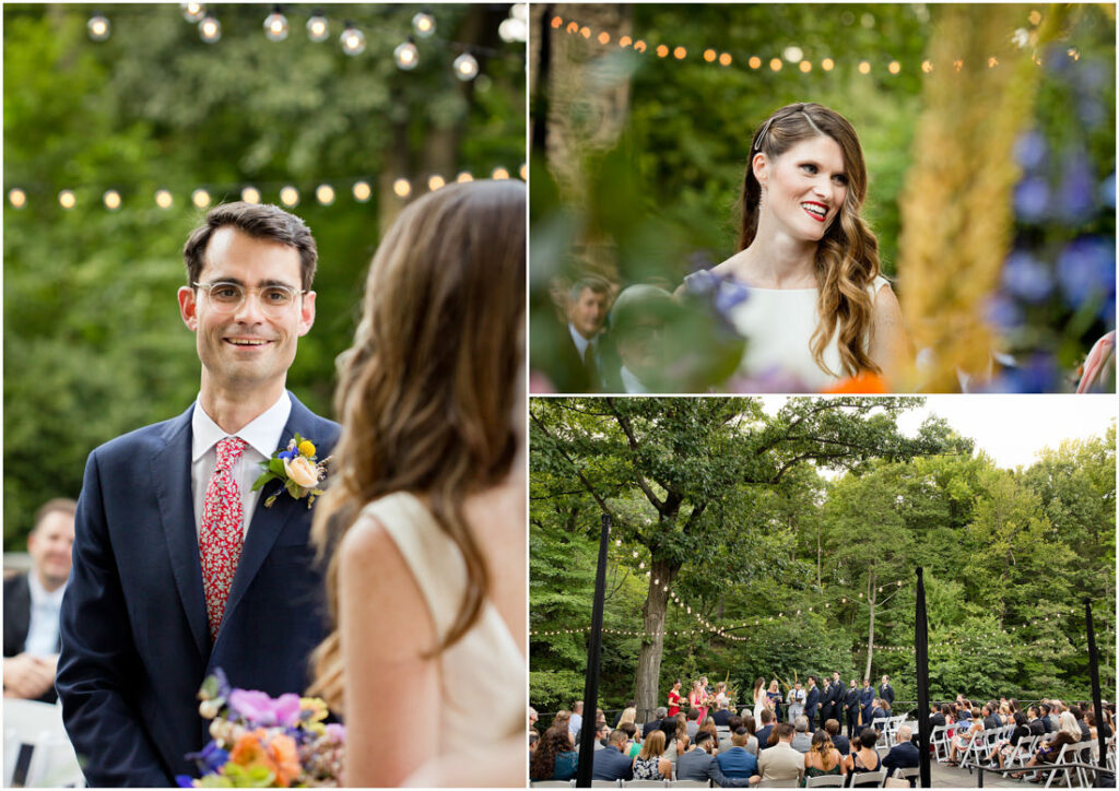 A bride and groom exchange loving glances during their outdoor wedding ceremony at the New York Botanical Garden.