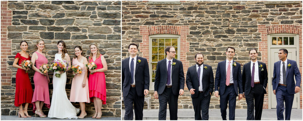 A group of bridesmaids and groomsmen pose in front of a stone wall at the New York Botanical Garden.