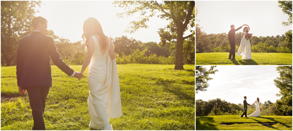 A bride and groom holding hands in the tranquil setting of the New York Botanical Garden.